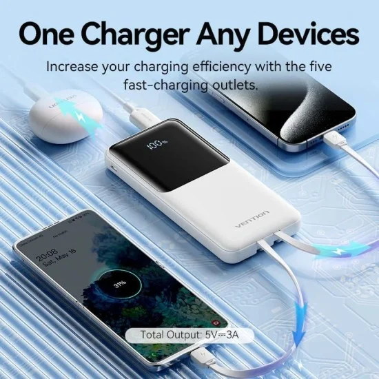 Vention Power Bank 10000mAh (Micro-USB + USB-C + USB-A + USB-A) with Built-in USB-C and Lightning Cables 22.5W _ White